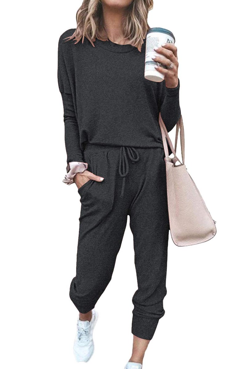 Fixmatti Women Casual 2 Piece Outfits Jumpsuit Long Sleeve Shirt with Long Pant Set Dark Grey XL - Image 1